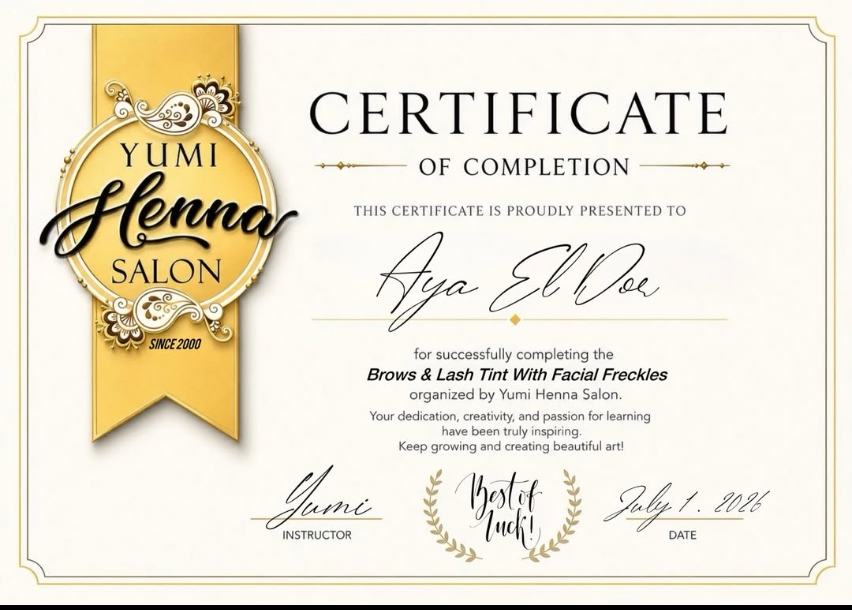 AïA Eldor certificate in brows, lash tint and facial freckles